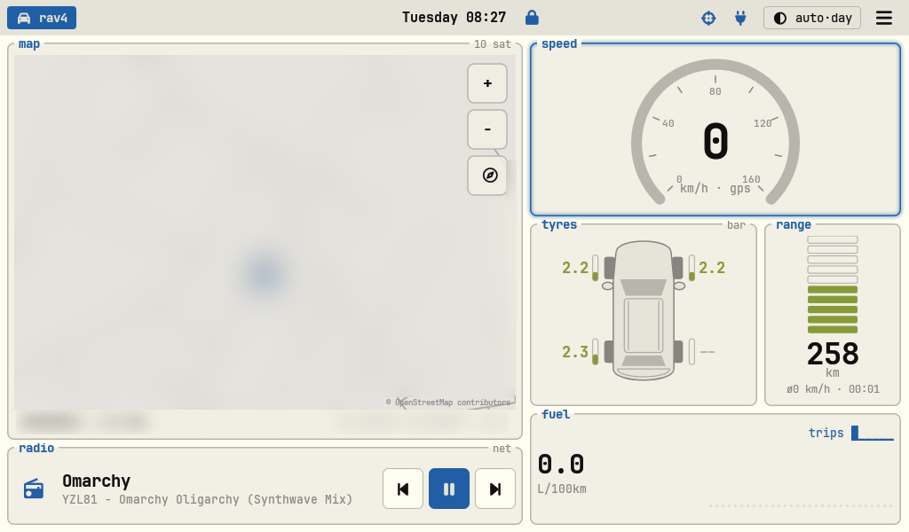 CarLauncher in day mode with the new radio tile under the map, playing the Omarchy internet stream with the track title YZL81 - Omarchy Oligarchy (Synthwave Mix) and previous, pause and next buttons. The speed gauge, tyre pressures, range bar and fuel panel are on the right. The map, the nearest place name and the GPS coordinates are blurred.