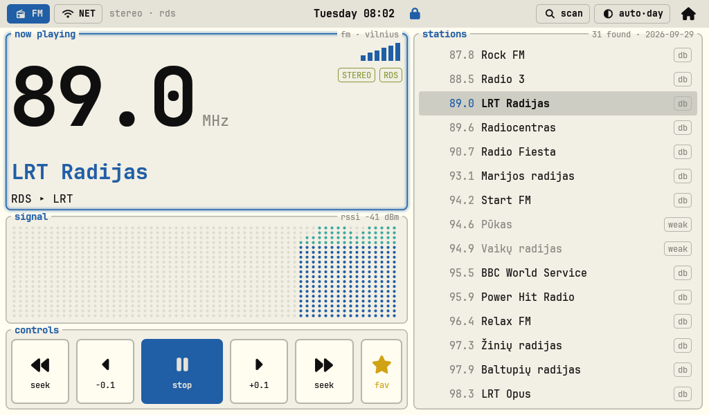 CarRadio in day mode playing FM: a large 89.0 MHz readout with the station name LRT Radijas and its RDS name, a signal-strength bar and stereo and RDS tags, a dot graph of signal strength over time, seek, fine-tune, stop and favourite buttons, and a list of 31 scanned Vilnius stations on the right, two of them dimmed and tagged weak.