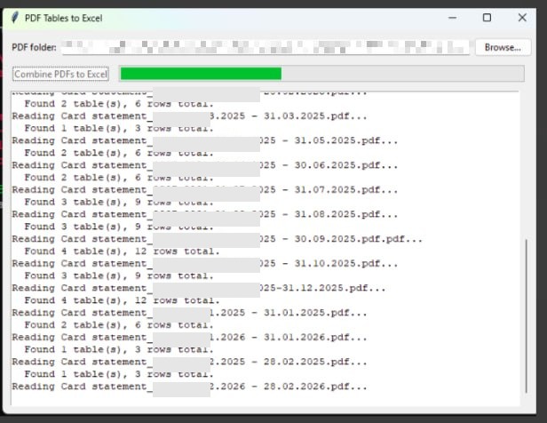 The PDF Tables to Excel desktop tool mid-run, showing a folder picker, a green progress bar, and a scrolling log of each statement PDF being read and its tables found.