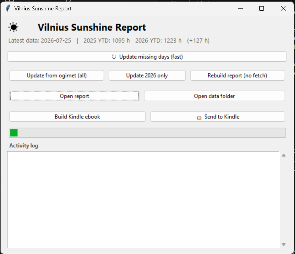 The tkinter desktop app: a headline stat line (latest data date, 2025 vs 2026 year-to-date hours, and the difference), one-click update/report/Kindle buttons, a progress bar, and an activity log.